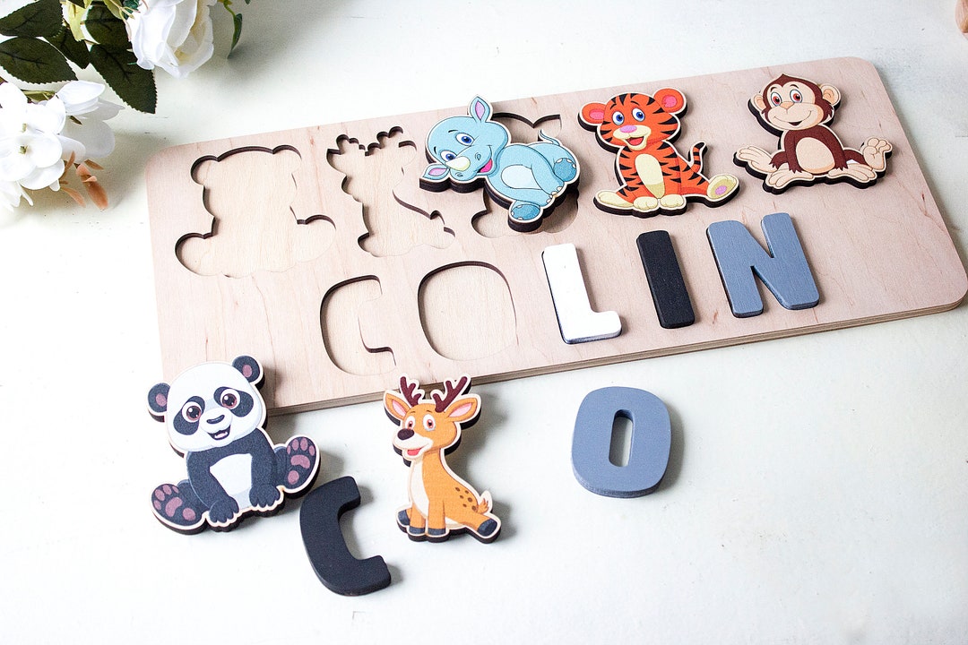 Personalized Safari Animals Name Puzzle, Wooden Baby Toy - Etsy