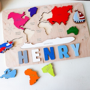 Gepersonaliseerde naampuzzel met knijpers Wereldkaart puzzel Verjaardag babycadeau Montessori speelgoed Houten wereldkaart Educatieve puzzel