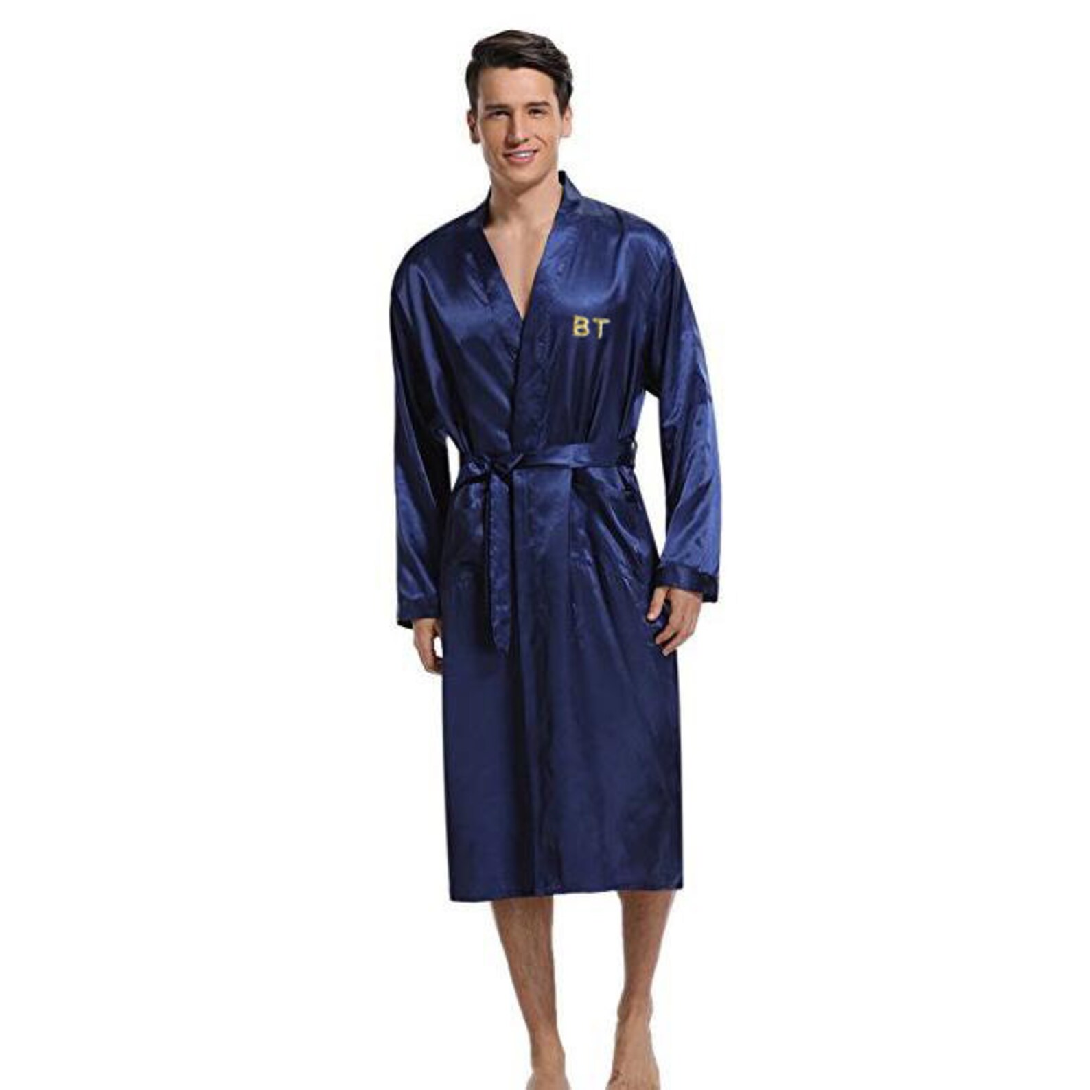 PERSONALIZED Luxury Men's Silky Satin Long Kimono Robe With Your Choice of 3letters Monogram