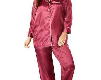 PLUS SIZES:  Luxurious Satin Pajama Set PJ with Customized Bead or 3 Letter Initial Embroidery Monogram