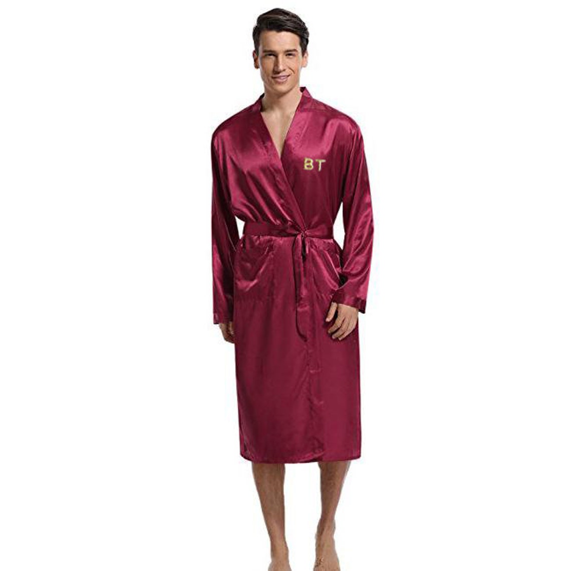 PERSONALIZED Luxury Men's Silky Satin Long Kimono Robe With Your Choice of 3letters Monogram