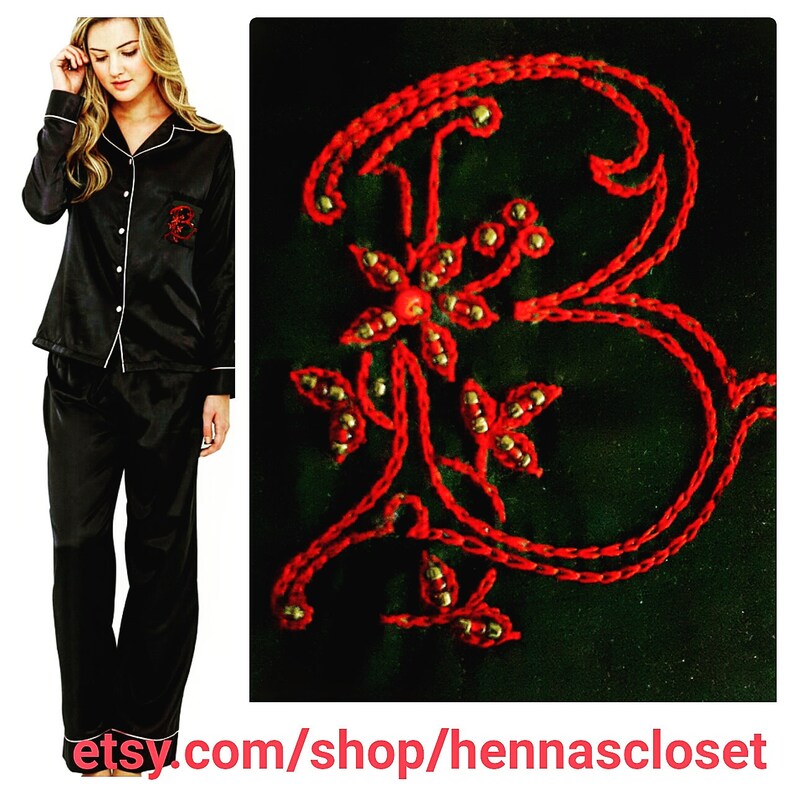 PLUS SIZES Luxurious Satin Pajama Set PJ with Customized Bead Embroidery Monogram Letter