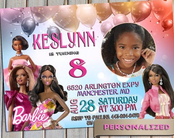 African-american barbie birthday invitations Afro American barbie invitation Black barbie party invites