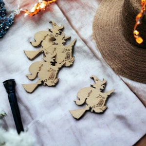 Witchy Wood Blanks Laser Cut Wood Crafting Blanks Halloween Wood Pieces Witch on Broom Form Craft Wooden Shape Pieces Witch Laser Cutout