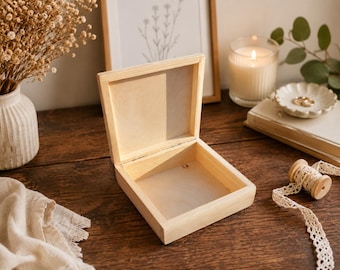 Quadratische Bastelkiste aus Holz mit Deckel, unbemalte Holzkiste für DIY-Projekte, Holzkiste, Bastelkiste, Kiefernholz-Bedarf
