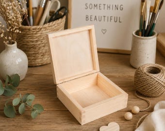 Unfertige quadratische Holzkiste | Holzkiste | Unbemalte Holzkiste | Holzkiste für DIY-Projekte | Unfertige Holzkiste mit Deckel