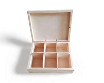 Unfinished Wooden Box with Compartments Wood Box with a Lid Wooden Craft Box Jewelry Box Tea organizer Box Wooden DIY Craft Box Rectangular