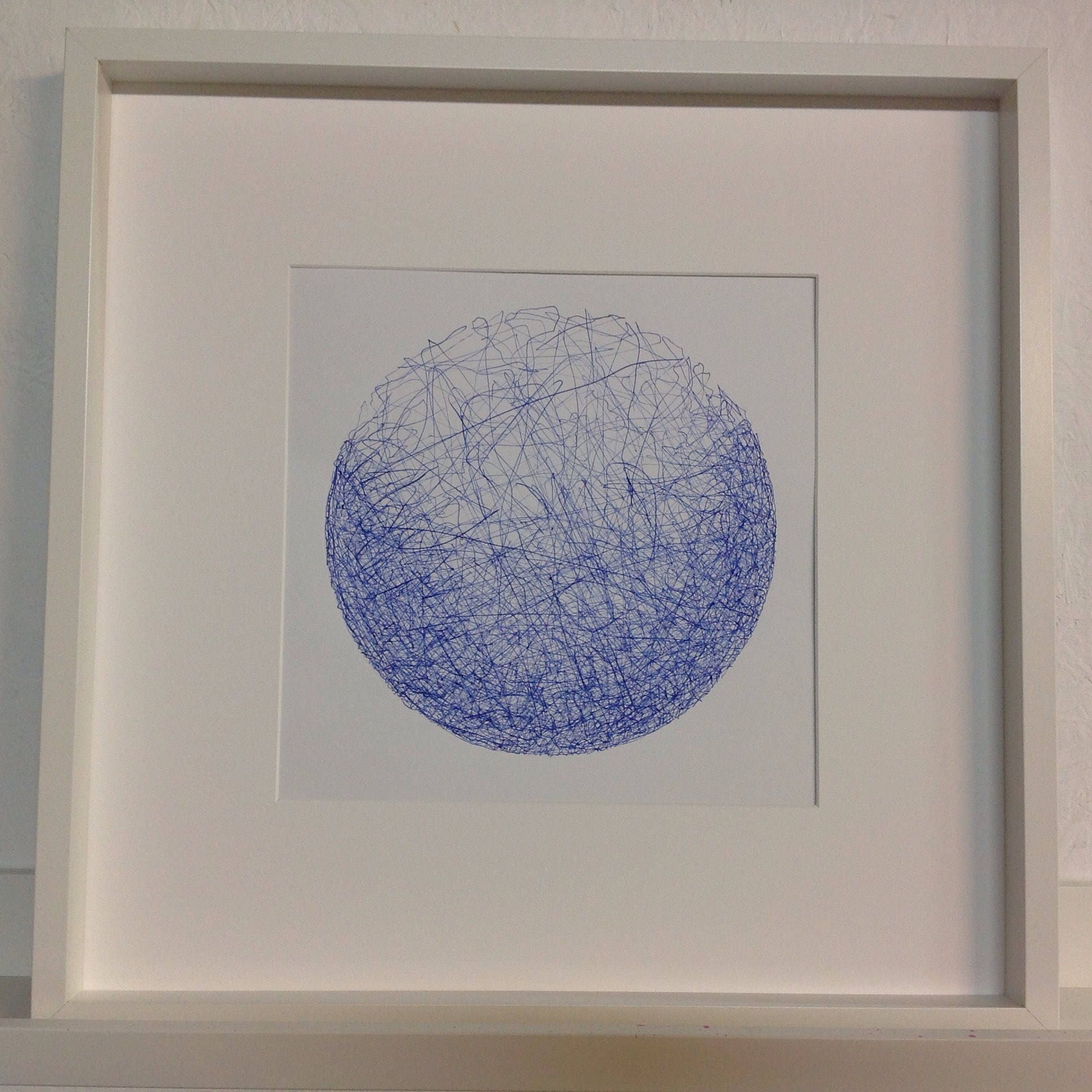 Framed Blue Pen And Ink Drawing Planet Original 50