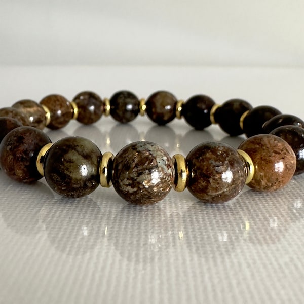 Rare! Chunky 10mm Biotite Beaded Bracelet, Light and Dark Brown Golden Mica Bracelet, Root Chakra Bracelet, Biotite Jewelry, Big Chunky Bead