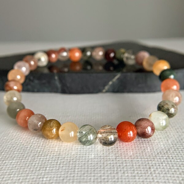 6mm Multi color Rutilated Quartz Stretch Bracelet, Earth Element