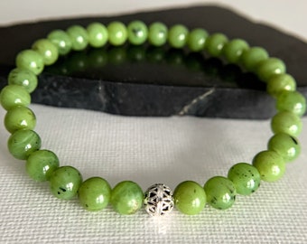6mm Canadian JADE Bracelet, Natural Green Jade, Heart Chakra, Yin Yang, Genuine Jade Jewelry, Grass Green Gemstones, Boho Chic