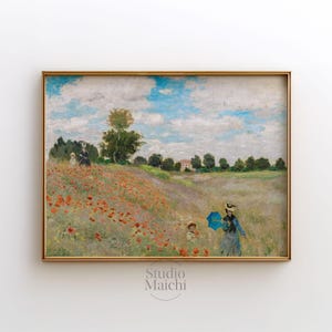 モネの「レ・コクリコ」、ヴィンテージ絵画、印象派の風景画、ライトブルーの壁アート、リビングルームの壁アート、デジタルダウンロード、印刷可能なアート