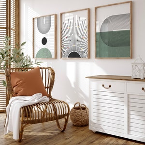 Juego de 3 impresiones originales de estilo bohemio, galería de casas modernas y neutras, póster imprimible de mediados de siglo, arco de salvia moderno y sol abstracto