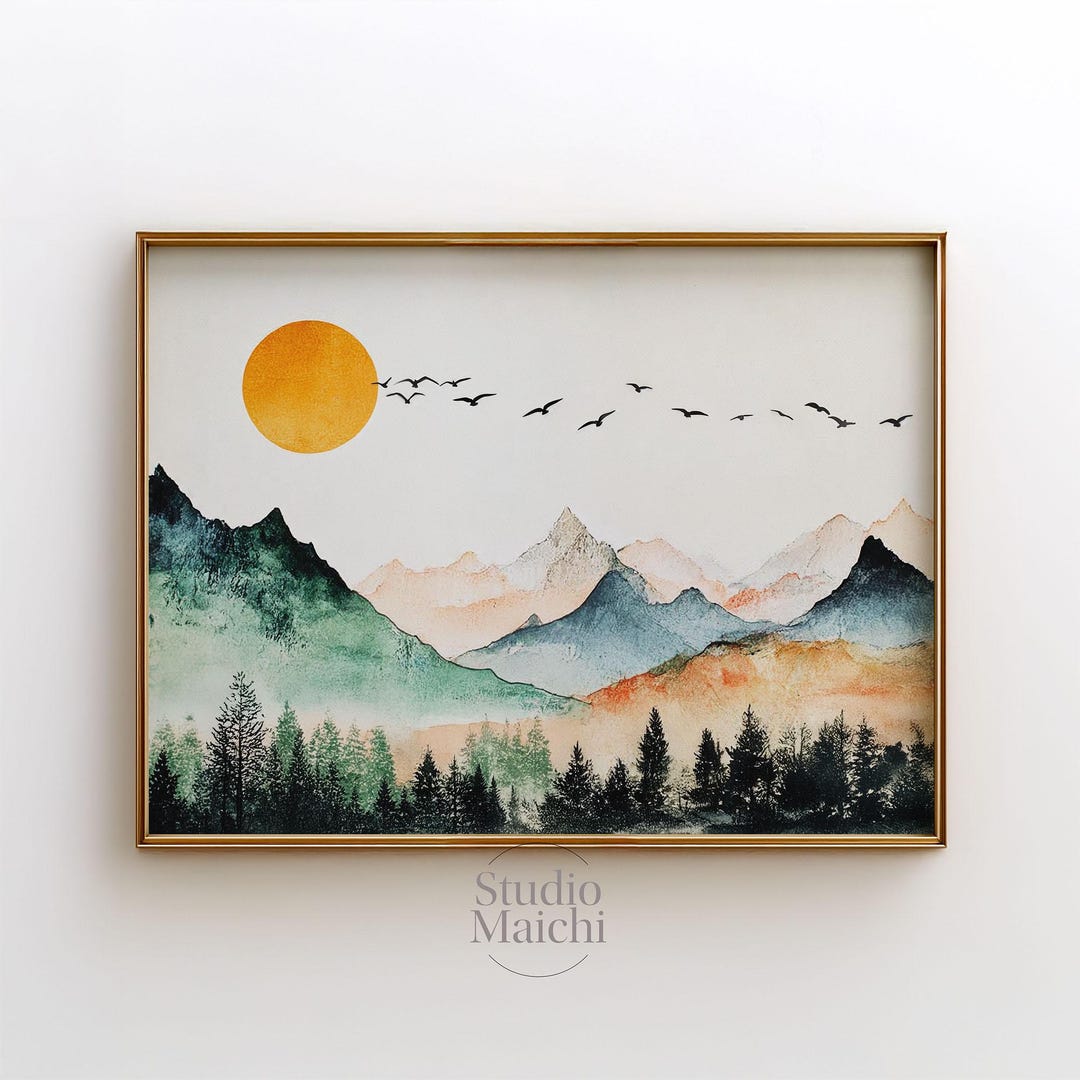 Minimalist Watercolor Landscape Print, Modern Mountain & Forest Wall ...