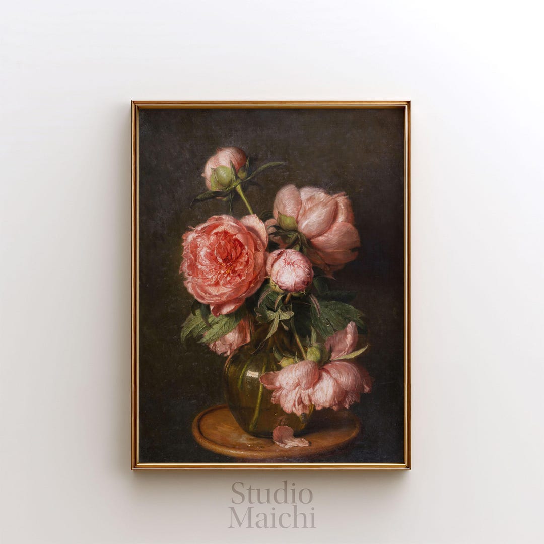 Vintage Pink Peonies Printable Wall Art, Dark Floral Still Life ...