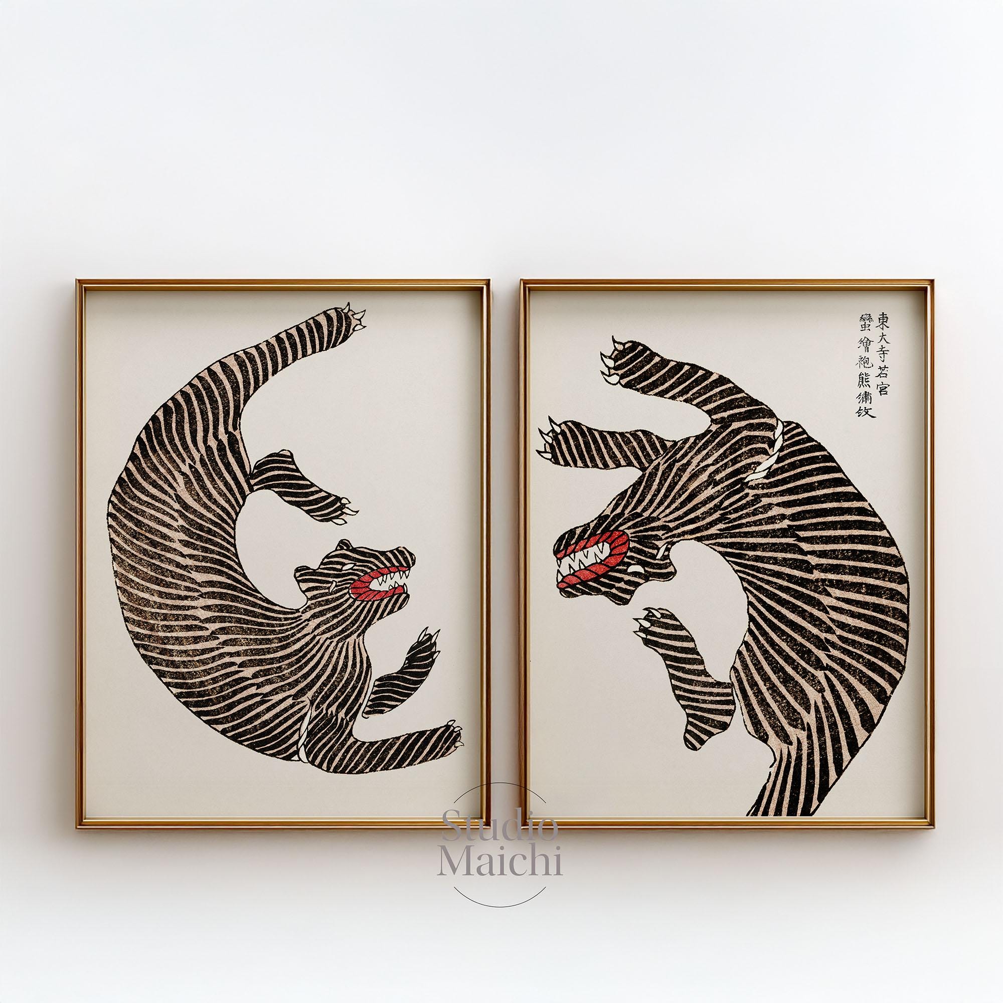 Japanese Vintage Tigers, Minimalist Animal Prints, Extra Large Wall Art, Gallery Wall Decor, Digital Download, Set of 2