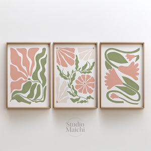 Chic Pink and Sage Green Floral Trio - Instant Download, Artistic Home Decor, Delicate Print Set, Soft Floral Prints, Set for Home & Nursery