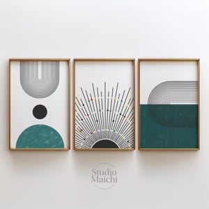 Juego de 3 impresiones originales de estilo bohemio, galería de casas modernas y neutras, póster imprimible de mediados de siglo, arco verde azulado moderno y sol abstracto