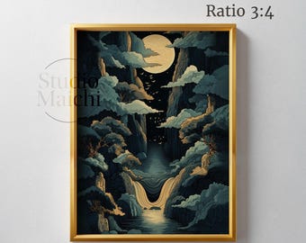 Moonfall Cascade, Dreamy Landscape Wall Art, Japanese art, Japandi Wall Art, Waterfall Print, Retro art, Digital Download, Printable Art
