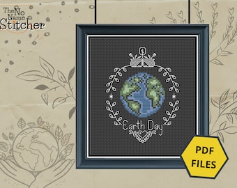 Earth Day Cross Stitch PDF pattern, Freebie Planet Earth PDF chart, quick modern cross stitch blackwork project