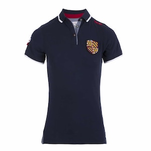 May include: A navy blue polo shirt with a white collar and white trim on the sleeves. The shirt has a small embroidered crest on the left chest.