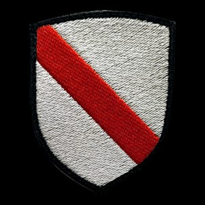 May include: A white embroidered patch with a red diagonal stripe. The patch is shaped like a shield and has a black border.