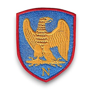 Può includere: Una toppa ricamata blu e rossa con un'aquila dorata e la lettera 'N' al centro.