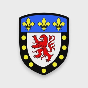 Può includere: Un emblema a forma di scudo con un centro bianco e un leone rosso rampante. La sezione superiore blu mostra tre gigli gialli. Un bordo nero circonda lo scudo, decorato con dieci punti circolari gialli lungo i bordi.