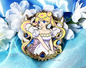 May include: A colorful enamel pin featuring a character with blonde hair and a white dress. The pin has gold accents and blue and pink details. The text "weishi_art" is at the bottom.