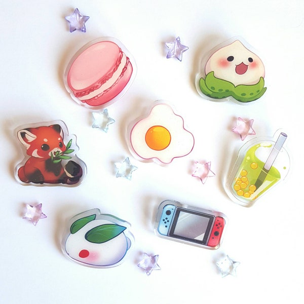 Acrylic Glitter Red Panda, Macaron, Bubble Tea, Japanese Snow Bunny, Egg Pin Button Badges Cute Kawaii