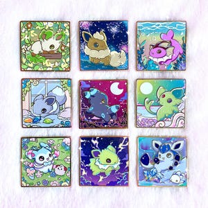 May include: Nine square enamel pins featuring various cartoon creatures in vibrant colors. Each pin has a gold border and depicts a different character in a unique setting, such as underwater or in a field of flowers.