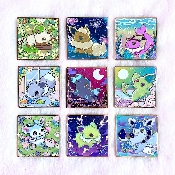 May include: Nine square enamel pins with gold borders, each showcasing a different cartoon creature in a colourful scene. The pins feature various characters in settings like underwater or a field of flowers, with detailed designs.