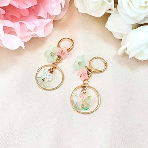 Unique Handmade Hoop Colorful Pastel Pink Mint Flower Butterfly Bead Earring