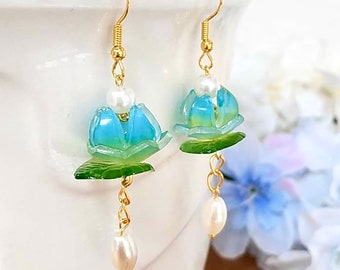 Unique Handmade Light Pastel Blue Lotus Bead Earring