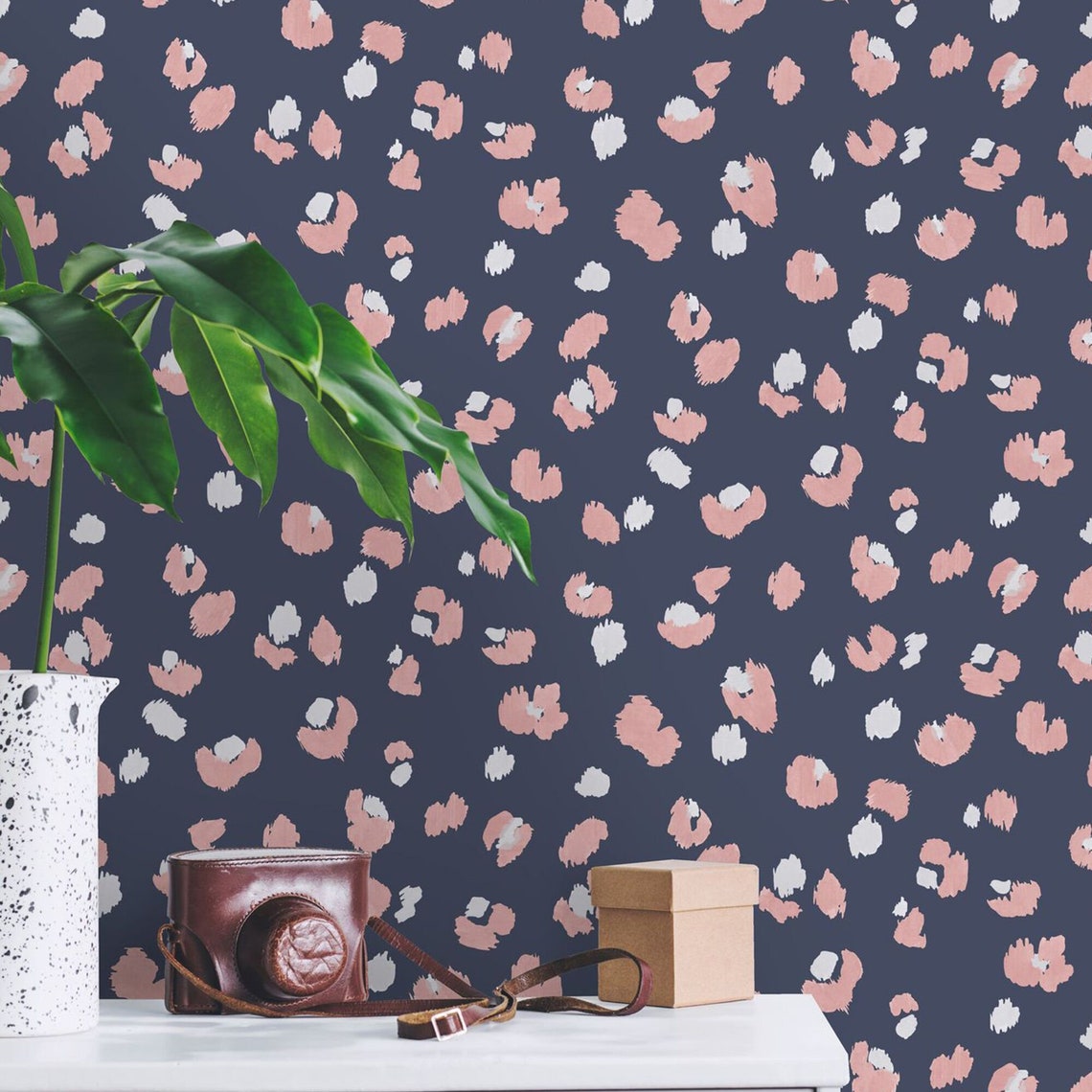 Navy Painted Leopard Wallpaper. Contemporary Animal Print Etsy