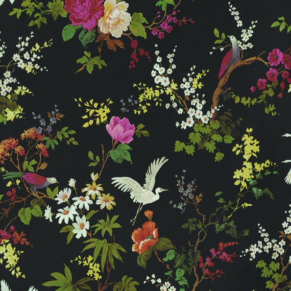 Dreamy Vintage Birds Black Floral Paper Non-pasted Strippable
