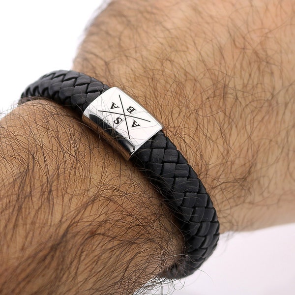 Armband Männer mit Personalisierung - Gravur Armband - Herren Armband Leder + Edelstahl - Herren Armband mit Gravur - Geschenk für Papa