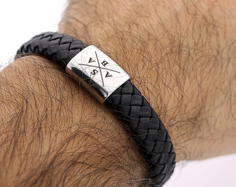 Armband Männer mit Personalisierung - Gravur Armband - Herren Armband Leder + Edelstahl - Herren Armband mit Gravur - Geschenk für Papa