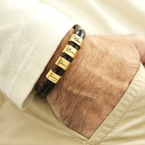 Mens Bracelet with Kids Names, Leather Bracelet with Golden Charms