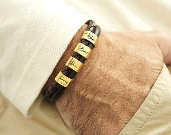 Mens Bracelet with Kids Names, Leather Bracelet with Golden Charms