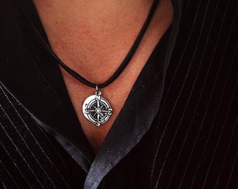 Necklace for men - Custom mens necklace - Custom necklace for men - Compass necklace for men - Men necklace leather - Men necklace compass