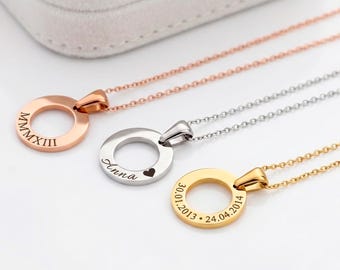 Personalized Circle Necklace, Engraved Donut Pendant, Custom Name Necklace for Women, Roman Numeral Necklace, Anniversary Gift for Her