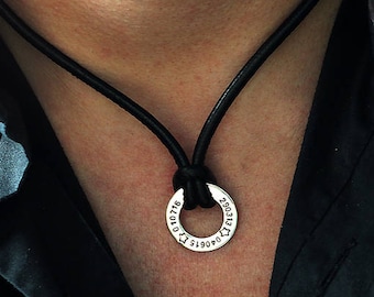 Echt zilveren lederen gepersonaliseerde ketting voor mannen, individueel gemaakt