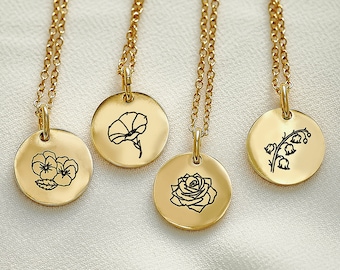 Oval Birth Flower Necklace , Floral Necklace in Gold, Rosegold or Silver