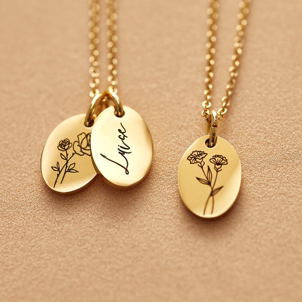Collier ovale fleur de naissance, collier floral en or, or rose ou argent