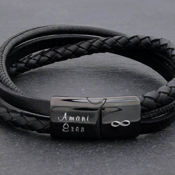 Herren personalisierte Lederarmband mit Schwarz Verschluss - graviert