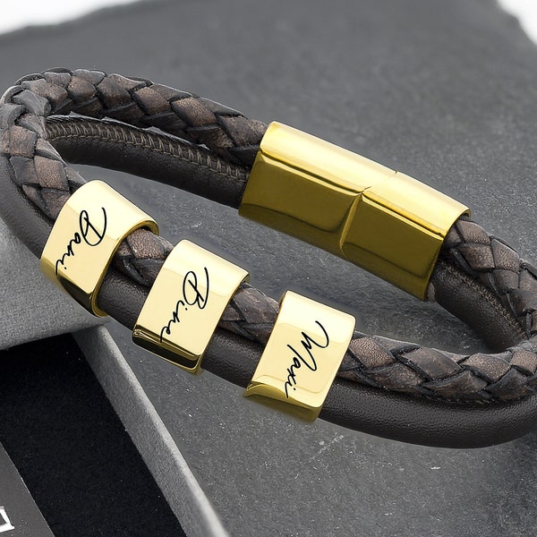 Personalisiertes Lederarmband für Männer mit goldenen Beads mit Gravur