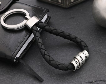 Porte-clés gravé pour homme - Porte-clés de luxe pour homme - Porte-clés en cuir pour homme - Porte-clés en argent sterling - Porte-clés pour homme