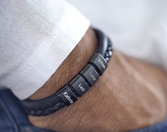 Name bead bracelet for men in vintage genuine braided leather with nappa