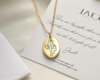 Birthmonth flower bouquet Necklace, Birth Flower Necklace, Birth Month Flower Oval Necklace, Gold, Rose Gold, Silver Color